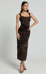 Ruched Corset Burnout Midi Dress in Black and Brown