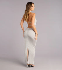 Unforgettable Allure Metallic Knit Halter Column Dress