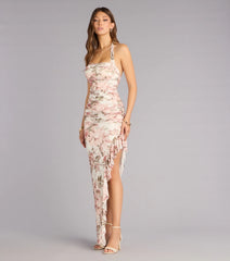 Josephine Floral Mesh Ruffled Slit Formal Dress