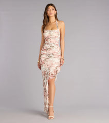 Josephine Floral Mesh Ruffled Slit Formal Dress