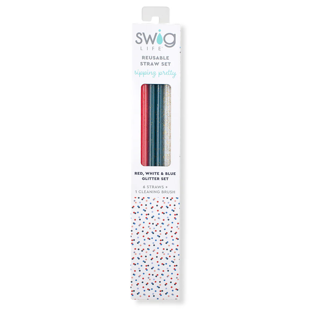 Red, White & Blue Glitter Reusable Straw Set